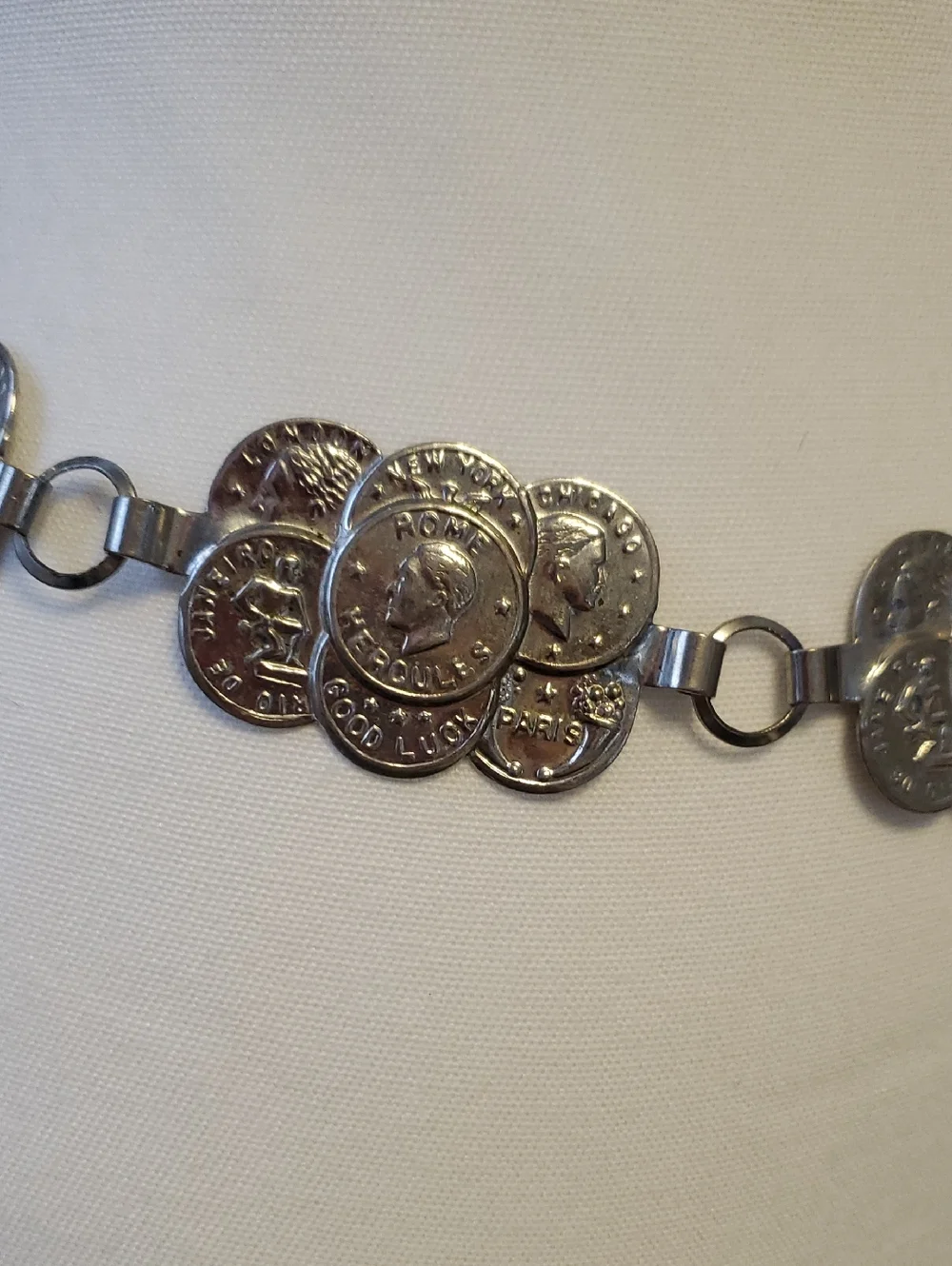 Silver-Tone Metal Coin Charm Chain Belt.